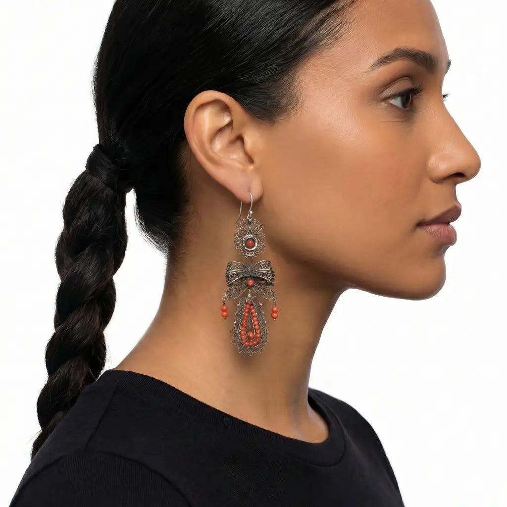 Oaxacan filigree traditional silver earrings with coral