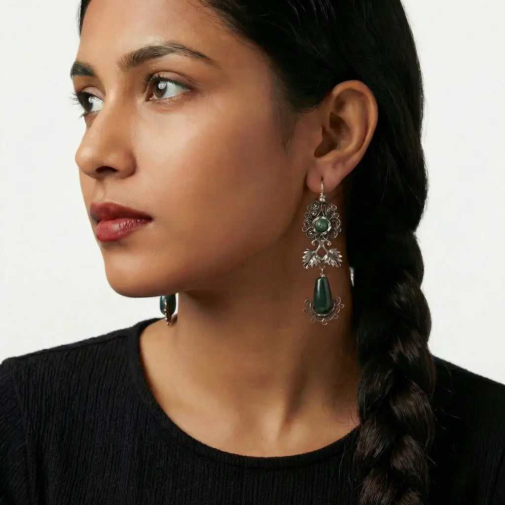 Oaxacan filigree traditional silver earrings with green