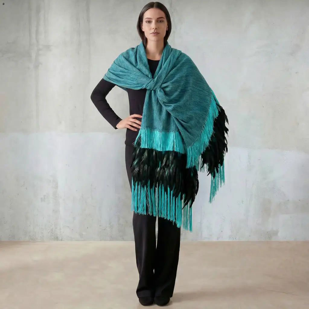 Purepecha rebozo with fringe and feathers Preorder-blue