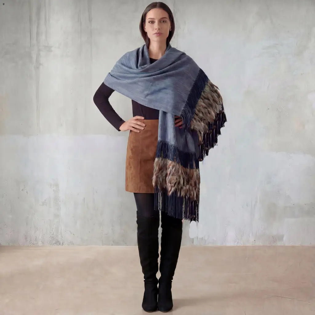 Purepecha rebozo with fringe and feathers Preorder-gray