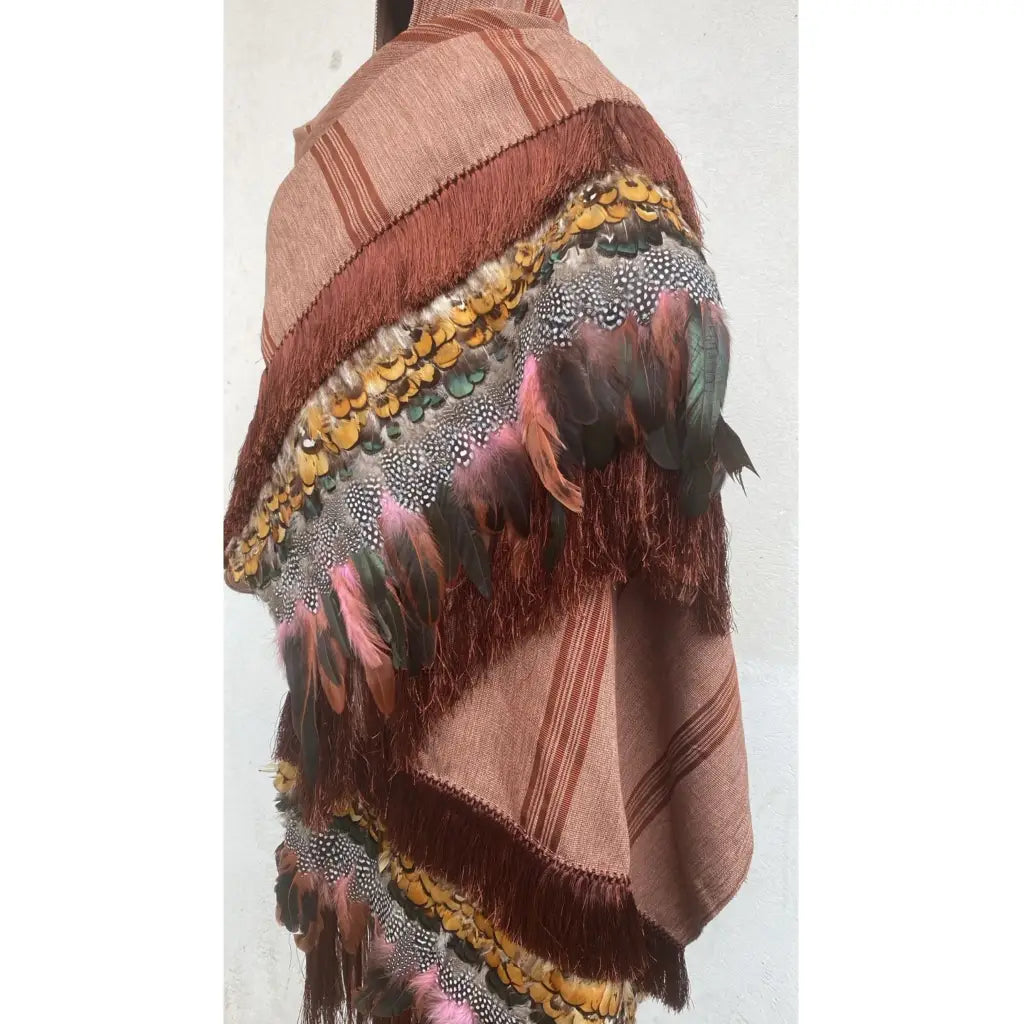 Purepecha rebozo with fringe and feathers Preorder-rust