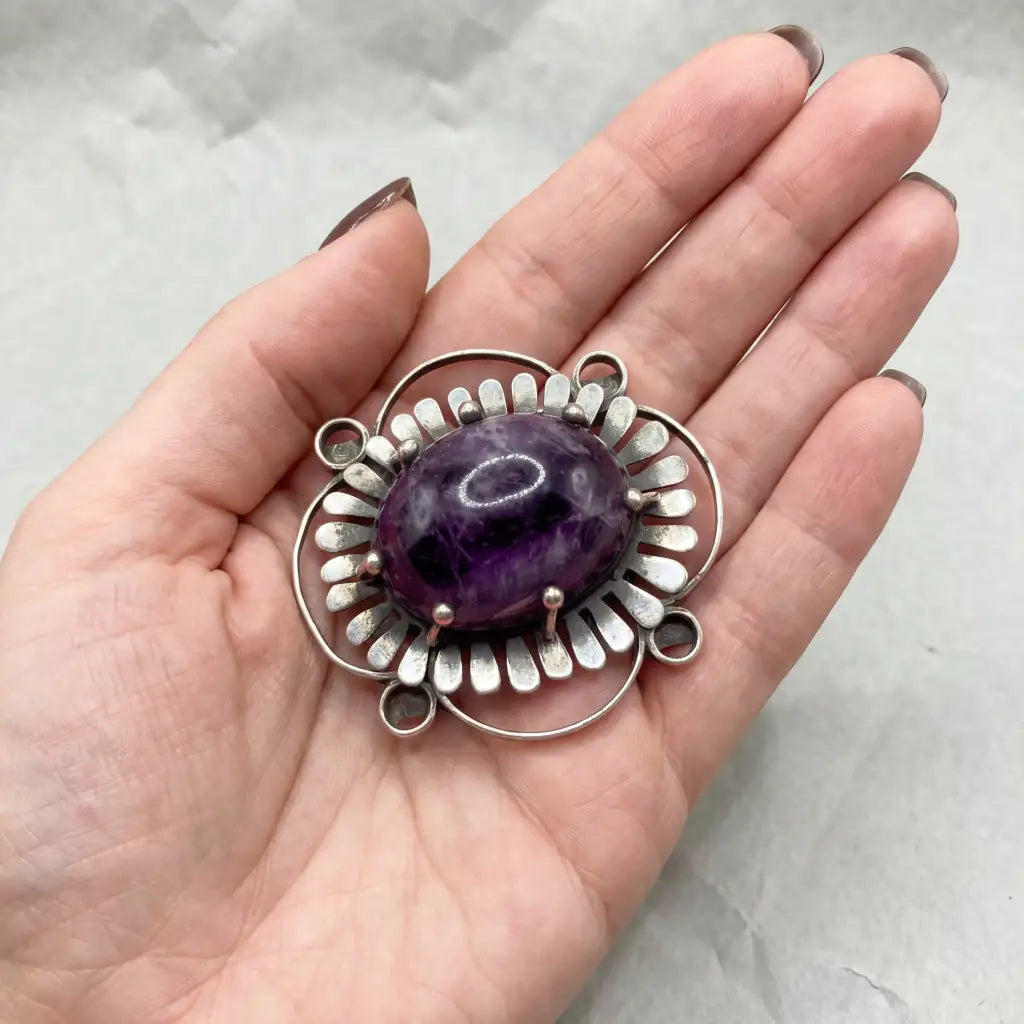 1940 Vintage Taxco silver pin with amethyst