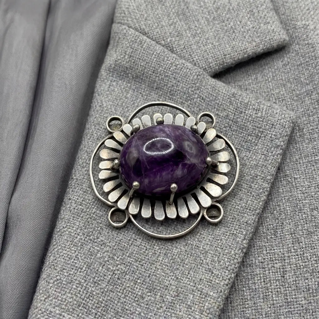 1940 Vintage Taxco silver pin with amethyst