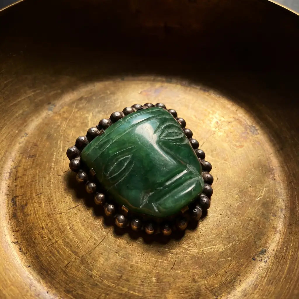 1940 Vintage Taxco silver pin with carved green obsidian