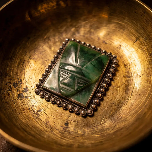 1940 Vintage Taxco silver pin with carved green obsidian