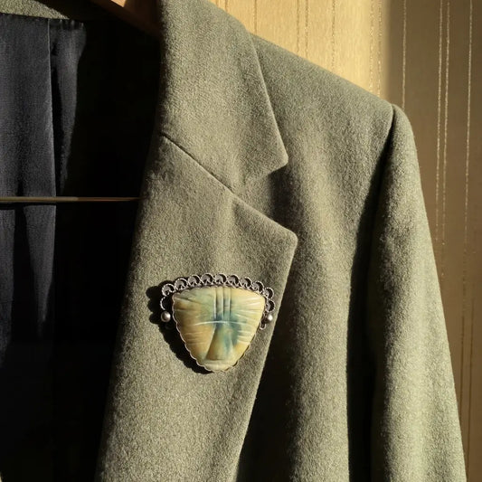 1940 Vintage Taxco silver pin with carved jade