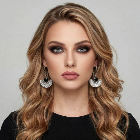 Handcrafted Silver Taxco earrings, half circle with black stone