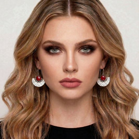 Handcrafted Silver Taxco earrings, half circle with red stone