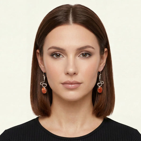 Handcrafted Silver Taxco earrings, twisted wire with red agate