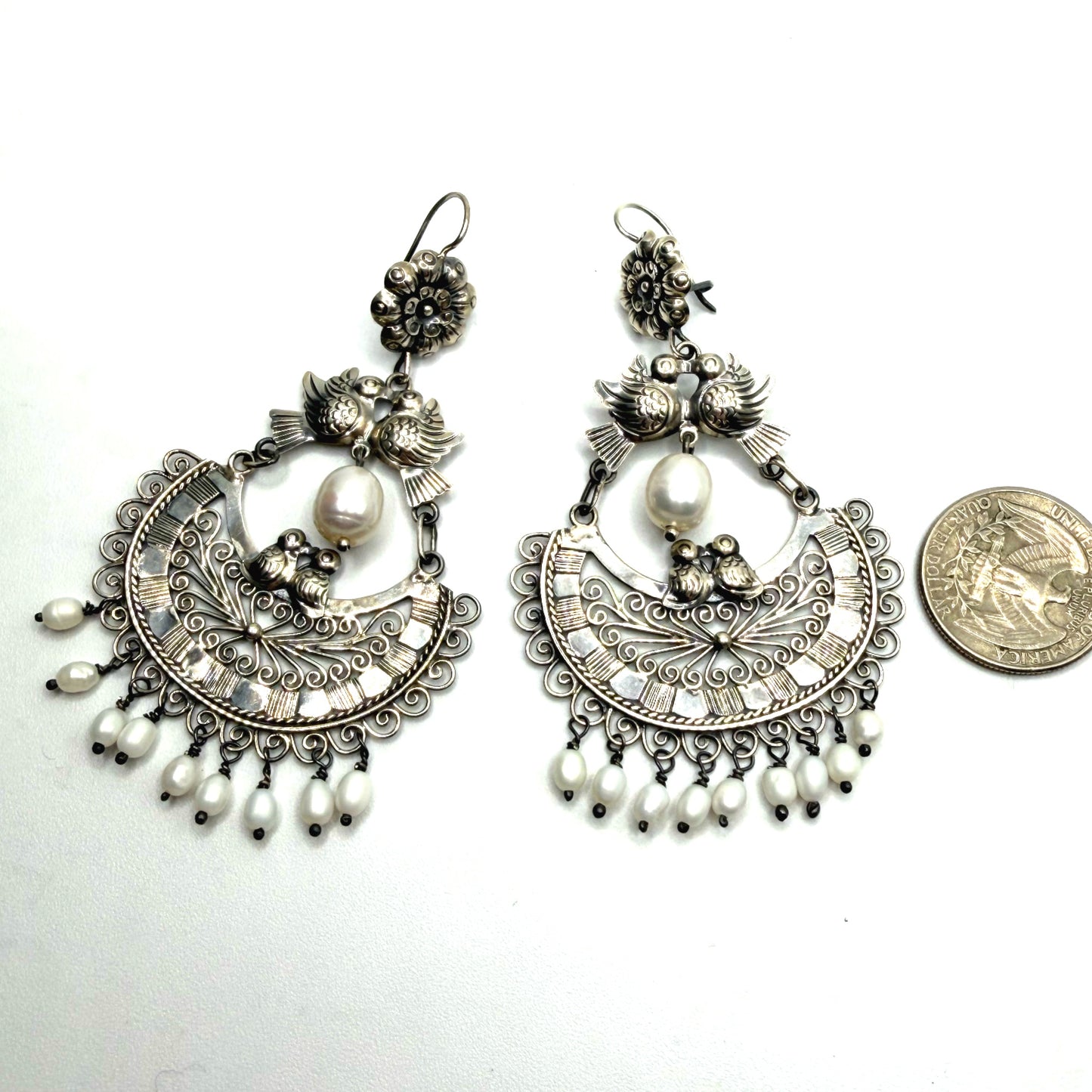 Mexican Mazahua silver dove earrings, handmade Mexican wedding earrings with pearls