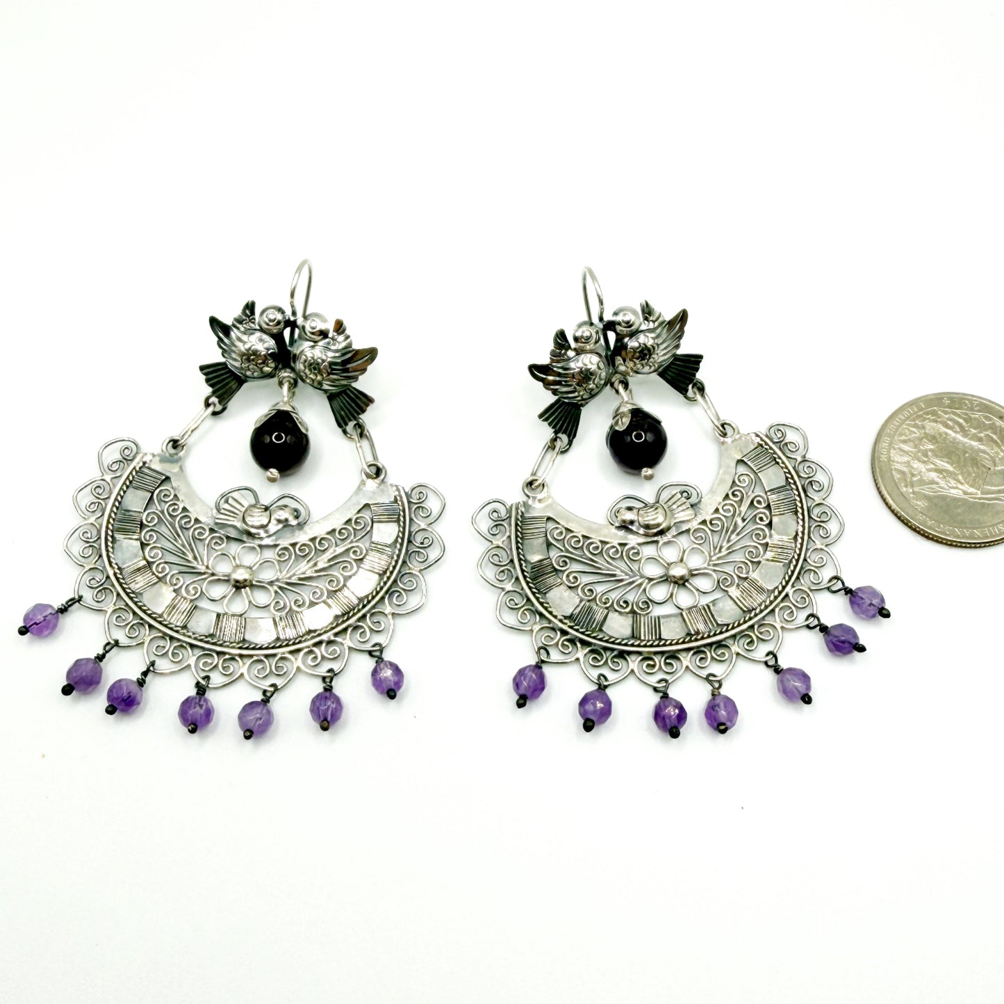 Mexican Mazahua silver dove earrings, handmade Mexican wedding earrings with amethyst