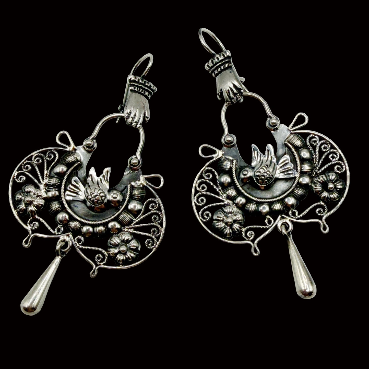 Mexican Mazahua silver dove earrings with hands, handmade, pure silver