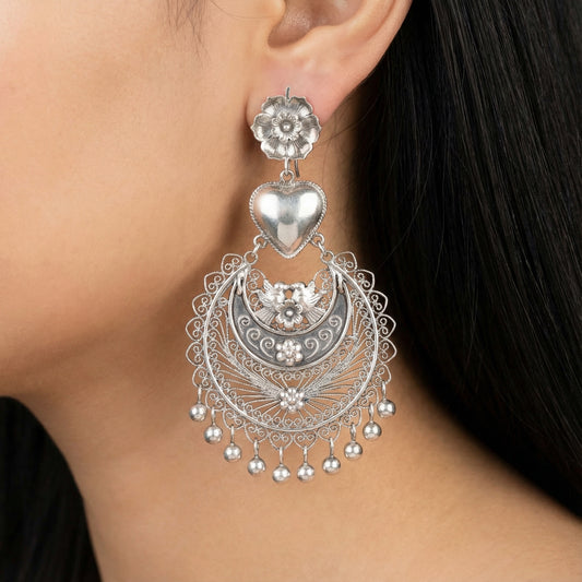 Mexican Mazahua silver heart earrings, handmade Mexican silver earrings