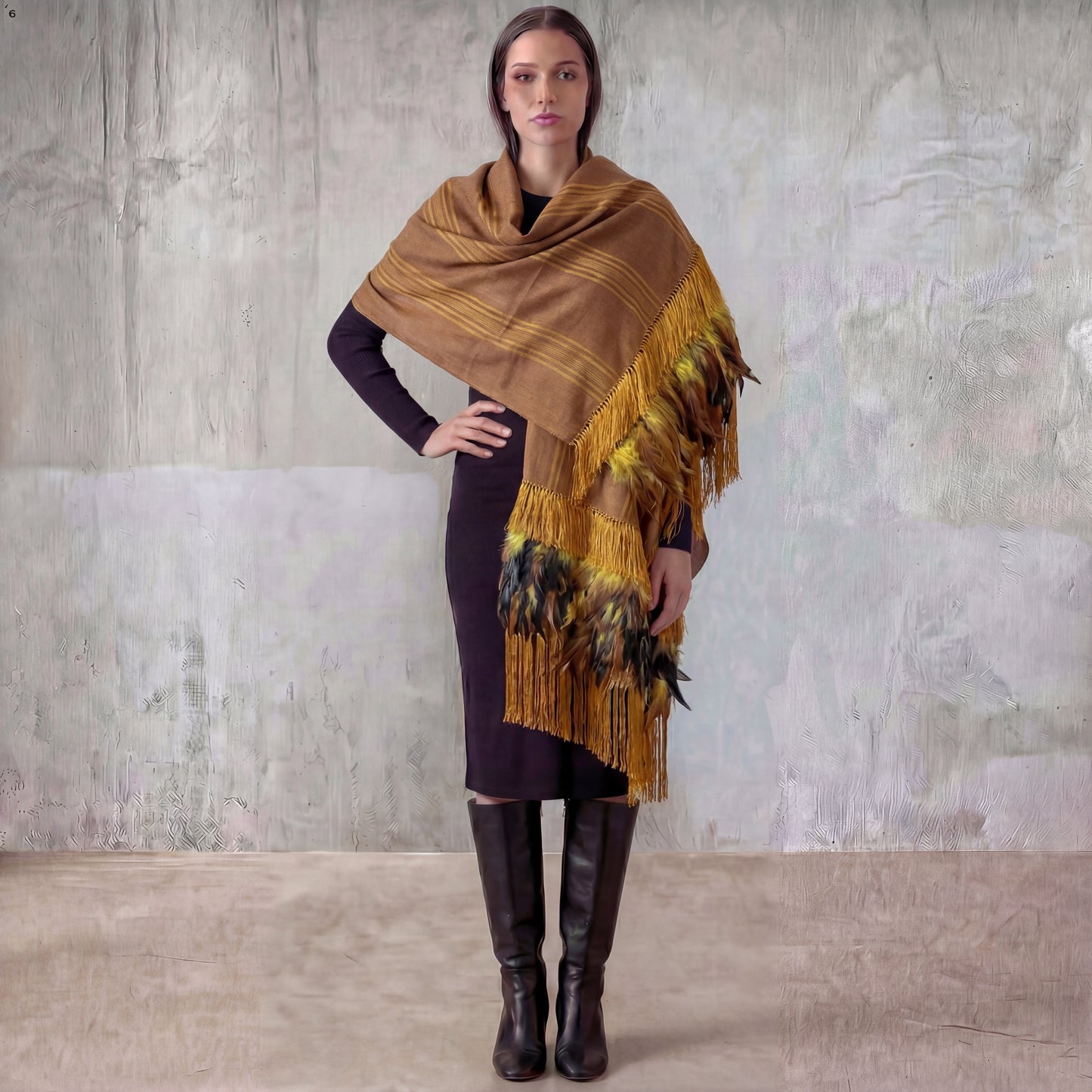 Purepecha rebozo with fringe and feathers Preorder-deep mustard with tonal stripes