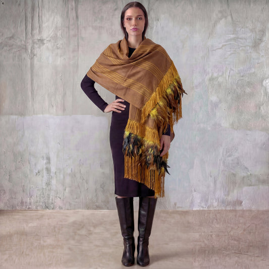 Purepecha rebozo with fringe and feathers Preorder-deep mustard with tonal stripes