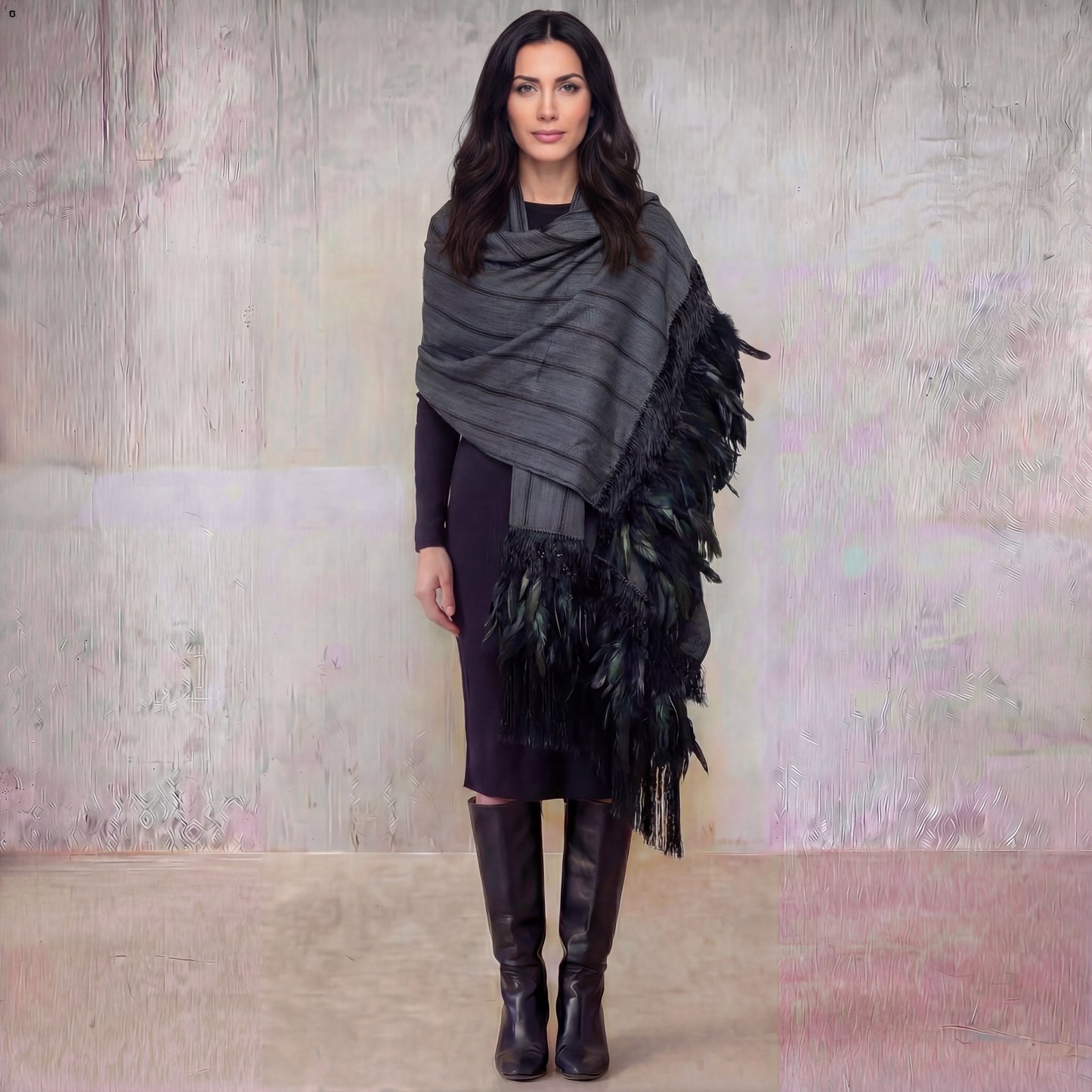Purepecha rebozo with fringe and feathers Preorder-gray black stripes