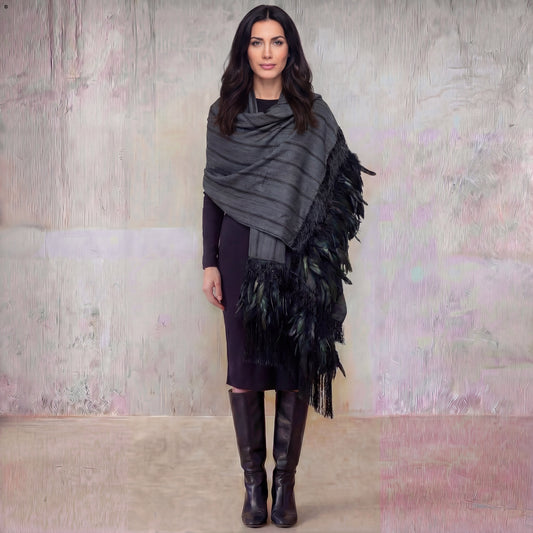 Purepecha rebozo with fringe and feathers Preorder-gray black stripes