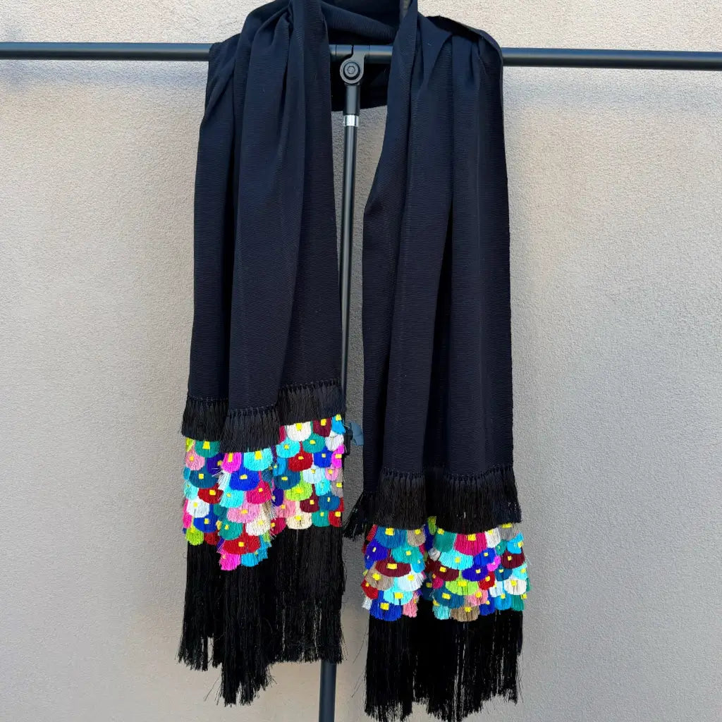 Black multi color Purepecha rebozo with fringe - Shawl