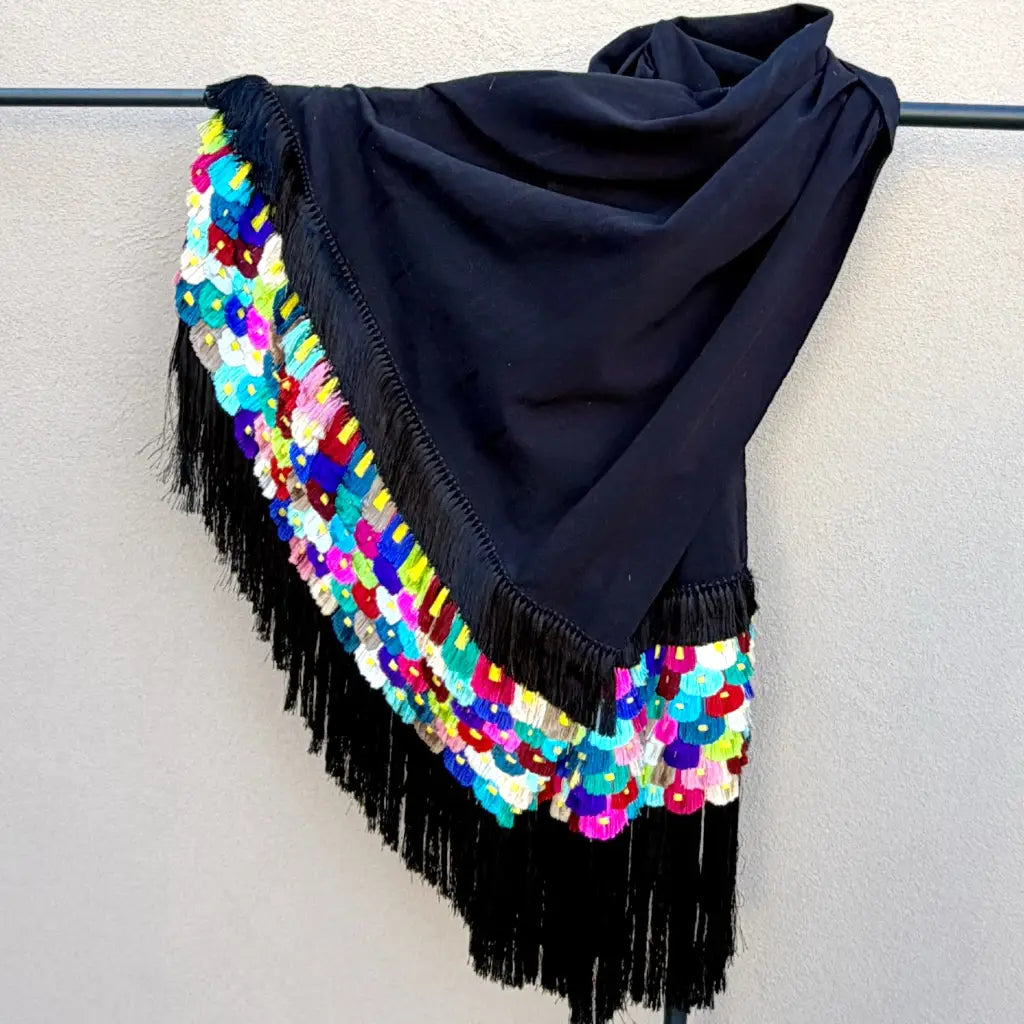 Black multi color Purepecha rebozo with fringe - Shawl