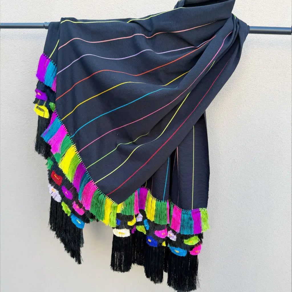 Black multi color purepecha rebozo with fringe - Shawl