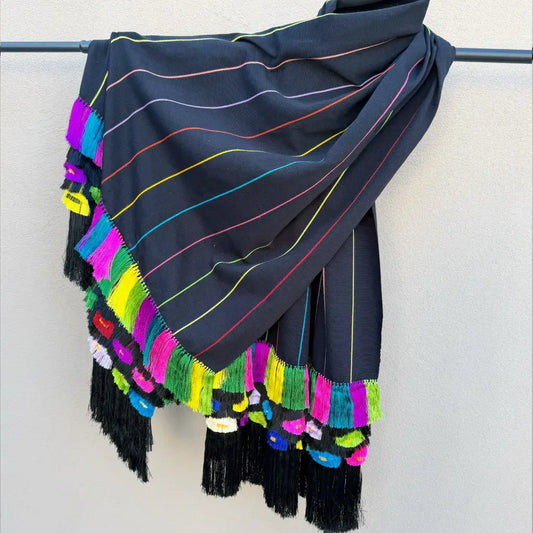 Black multi color purepecha rebozo with fringe - Shawl