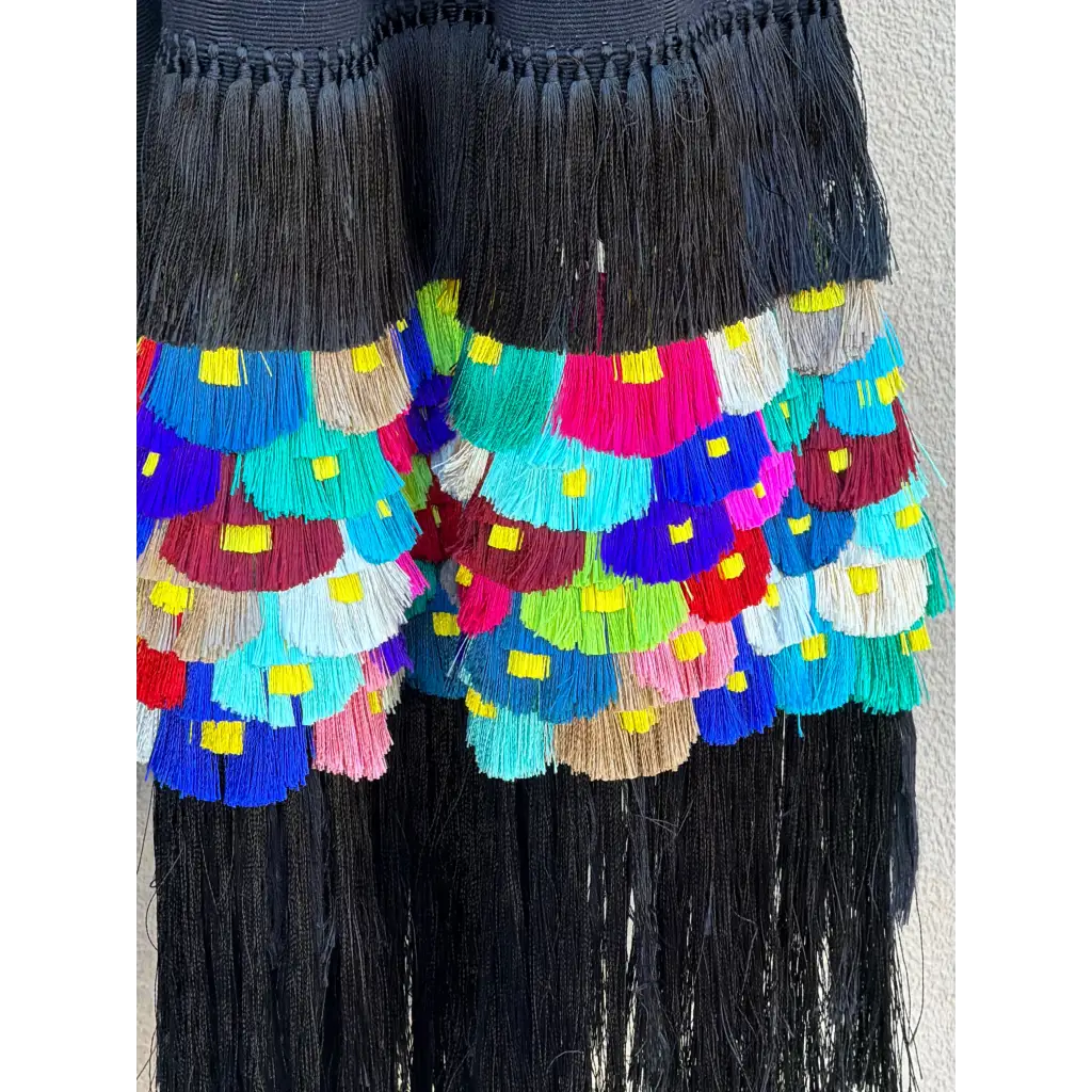 Black multi color Purepecha rebozo with fringe - Shawl