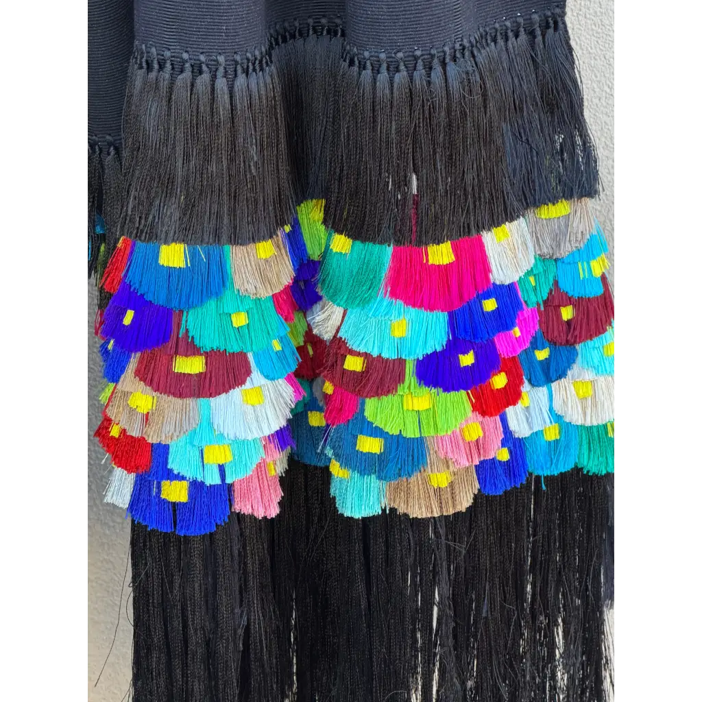 Black multi color Purepecha rebozo with fringe - Shawl