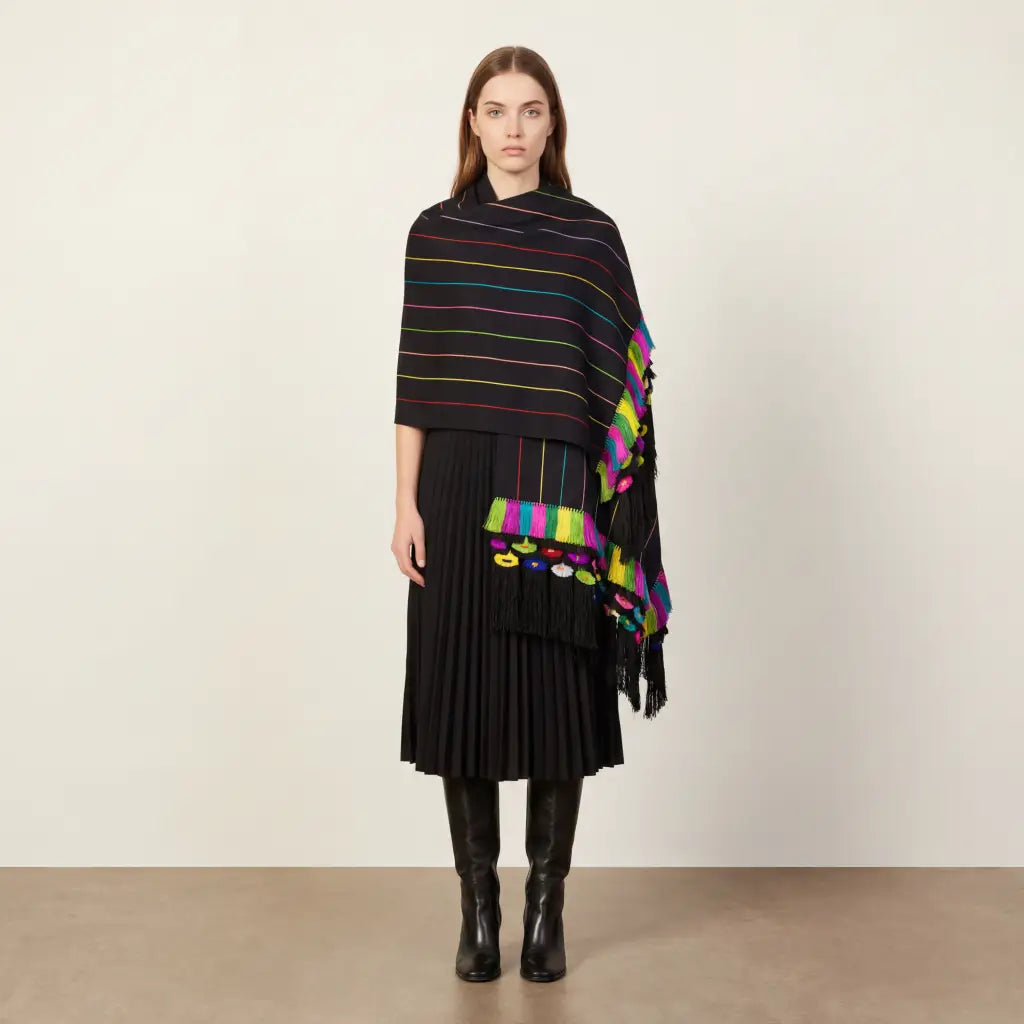 Black multi color purepecha rebozo with fringe - Shawl