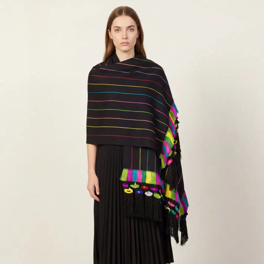 Black multi color purepecha rebozo with fringe - Shawl
