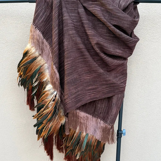 Brown black purepecha rebozo with fringe and feathers