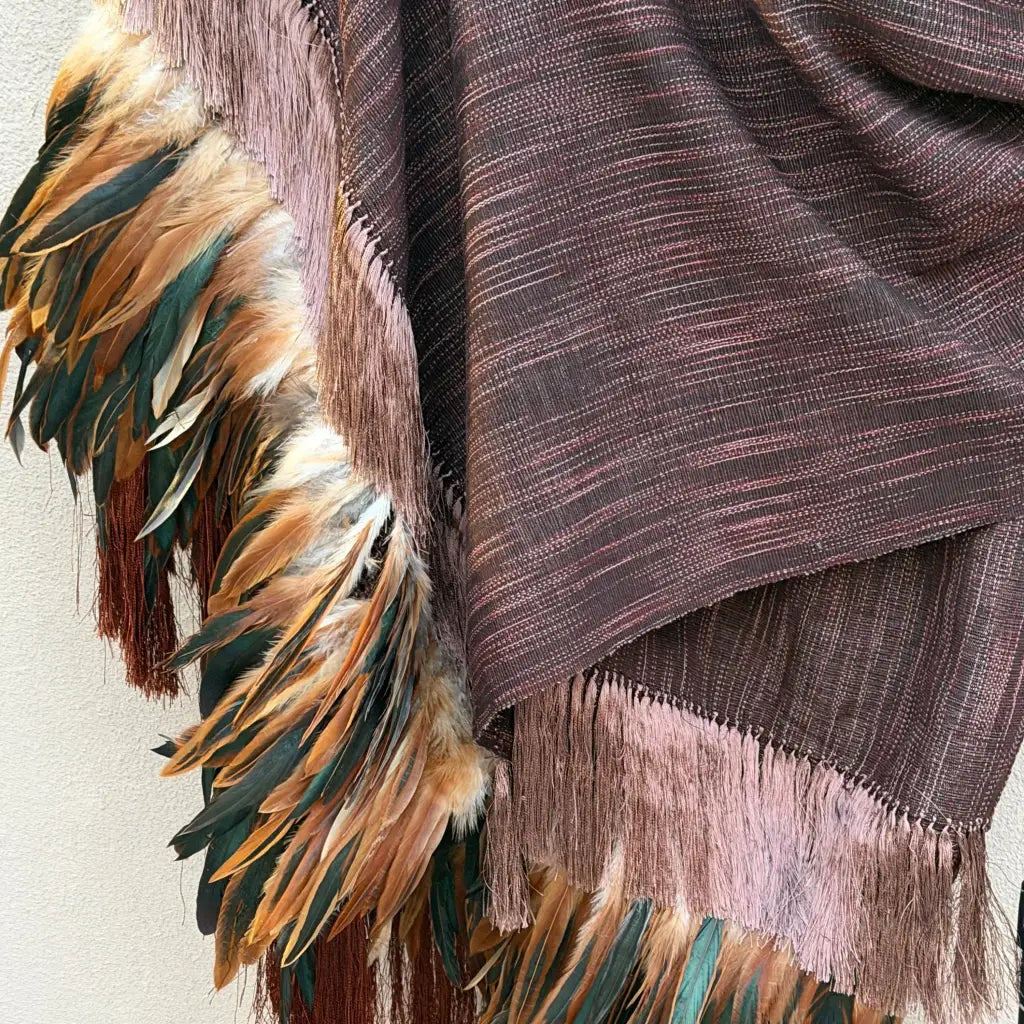 Brown black purepecha rebozo with fringe and feathers