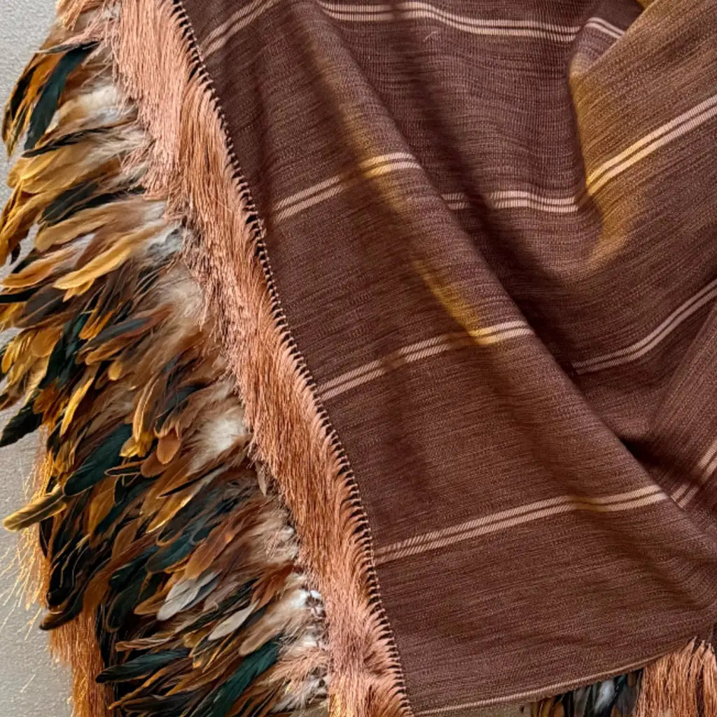 Brown stripe purepecha rebozo with fringe and feathers