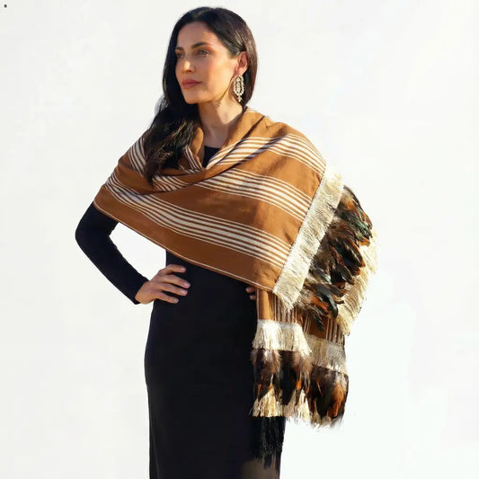Brown stripe purepecha rebozo with fringe and feathers
