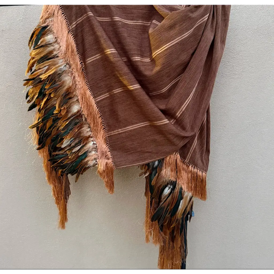 Brown stripe purepecha rebozo with fringe and feathers
