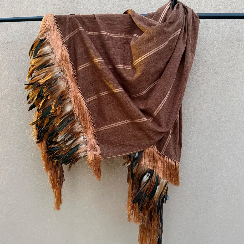 Brown stripe purepecha rebozo with fringe and feathers