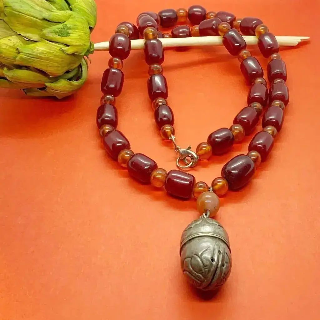 Chinese silver export pendant with jade and amber