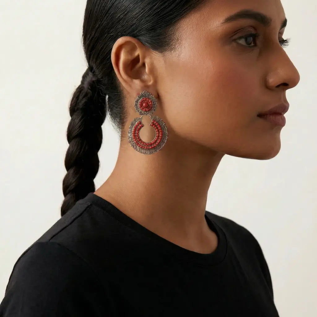 Oaxacan filigree coral hoop Earrings small