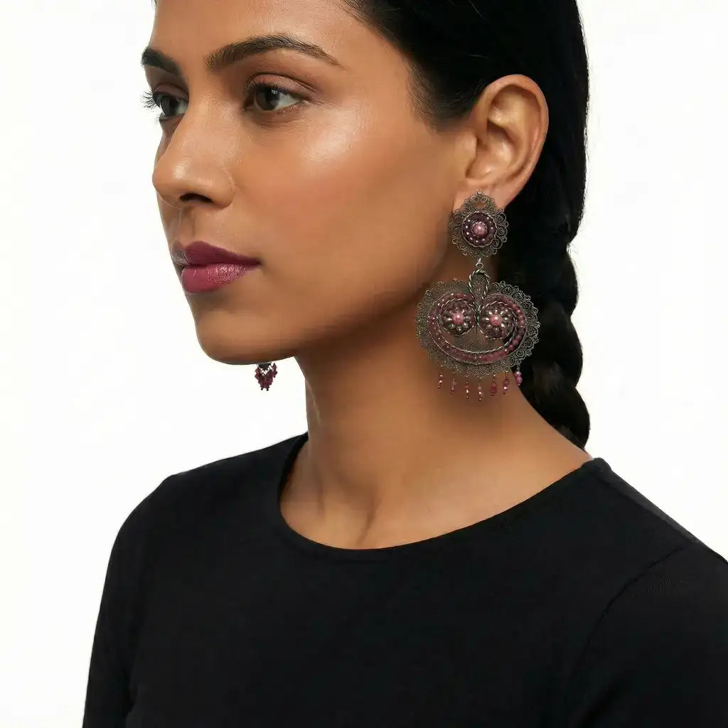 Oaxacan filigree ruby and pink pearl statement earrings