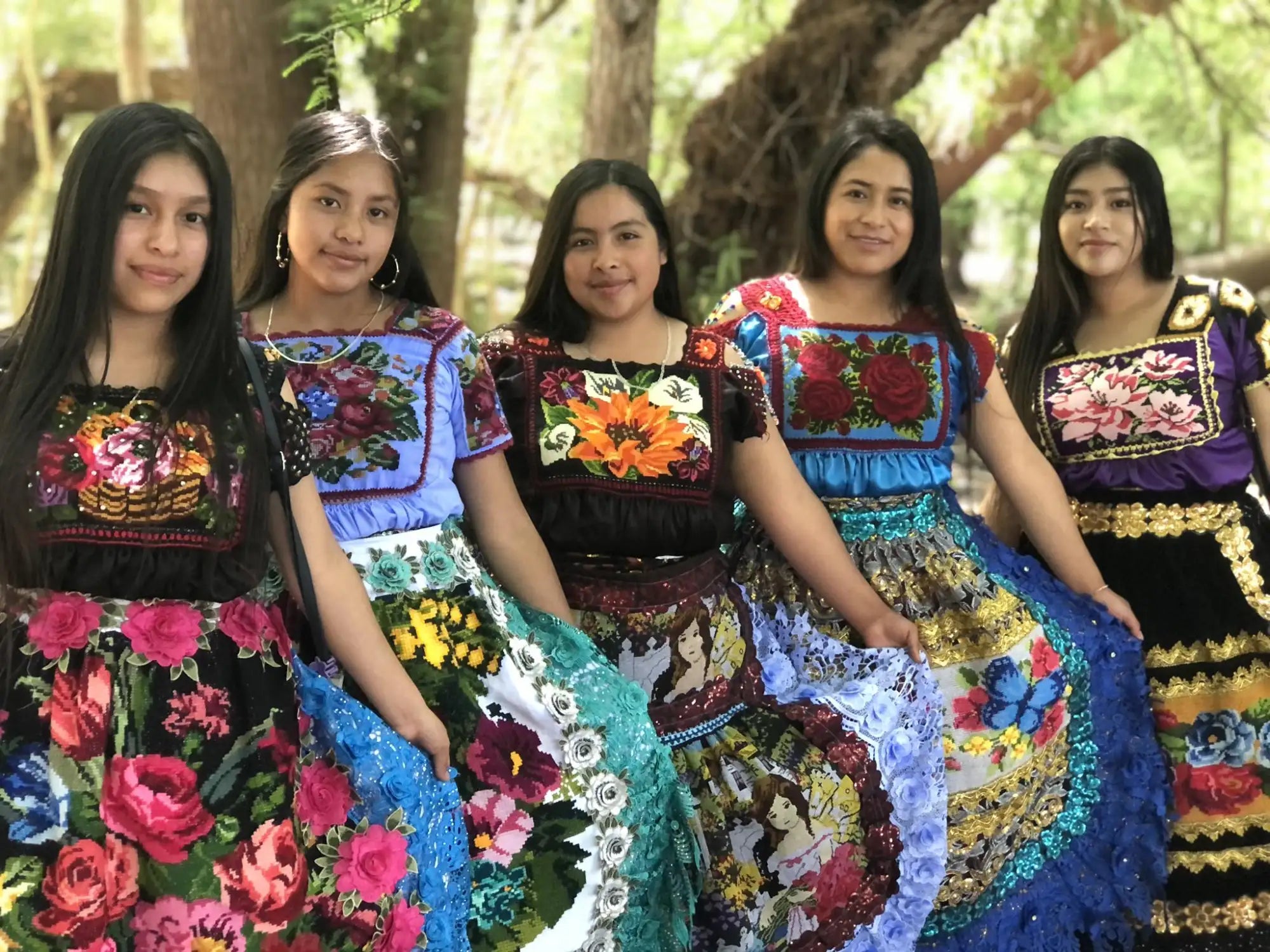 Five women wear vibrant, intricately embroidered traditional dresses with colorful floral patterns and lace trim.