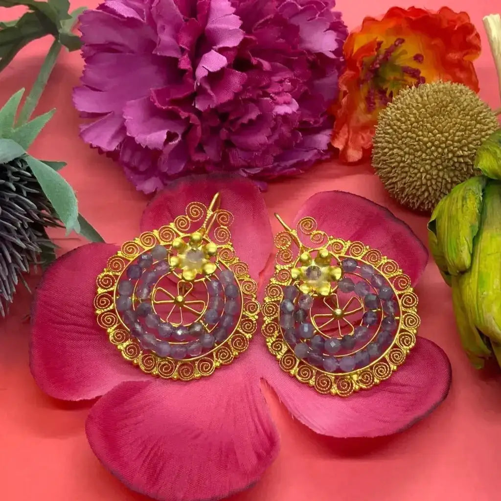 Gold Oaxacan filigree earrings with amethyst Frida style