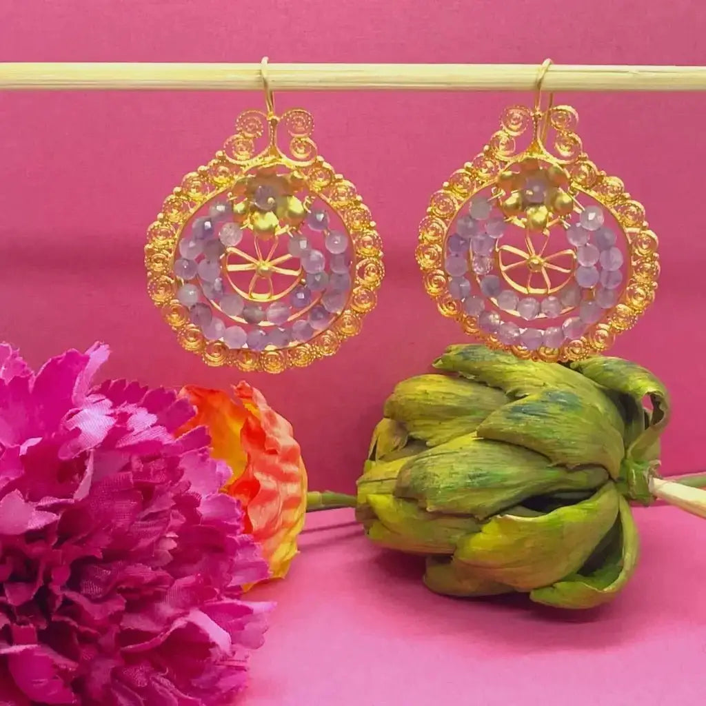 Gold Oaxacan filigree earrings with amethyst Frida style