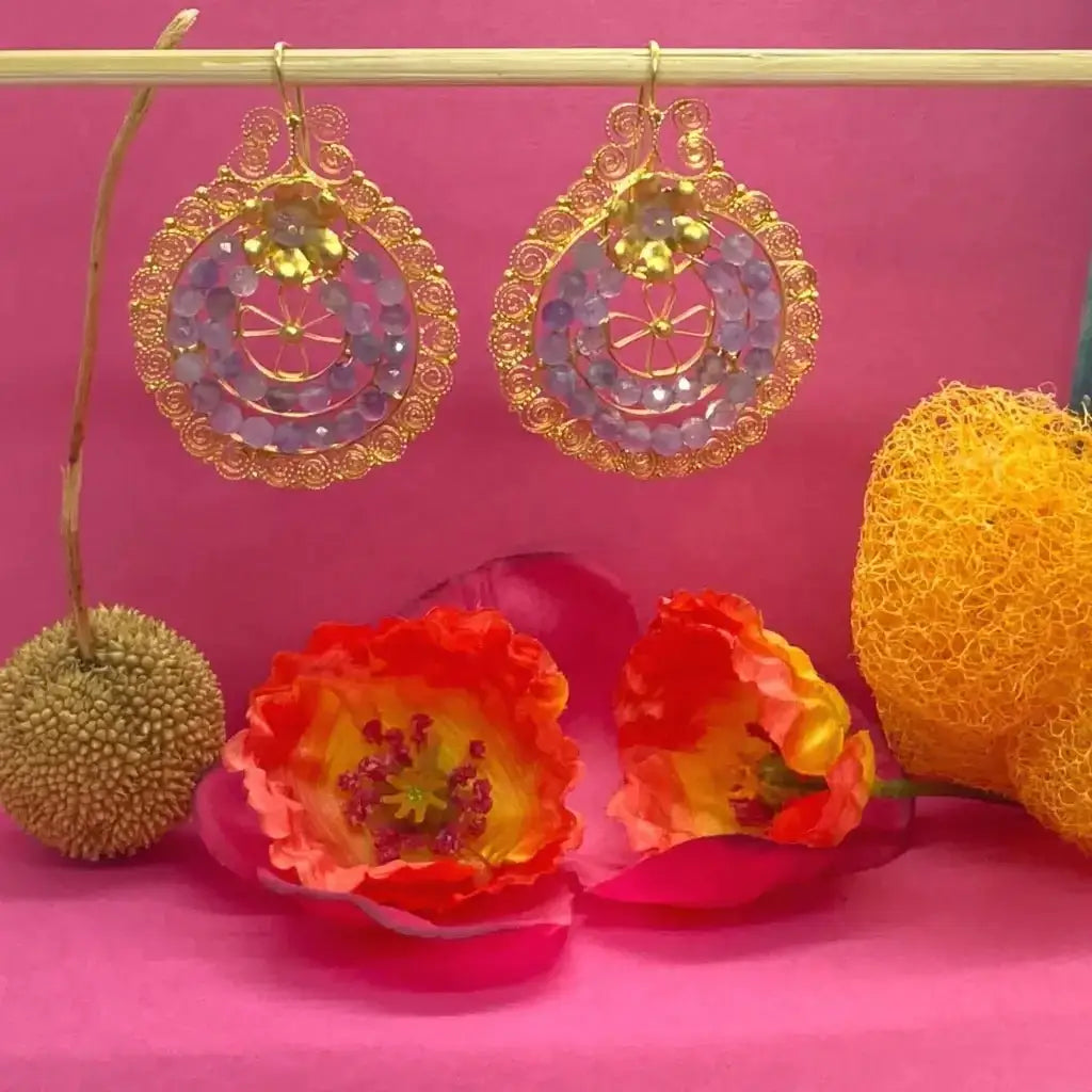 Gold Oaxacan filigree earrings with amethyst Frida style