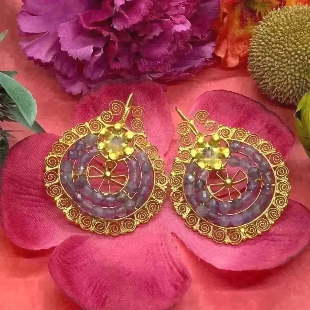 Gold Oaxacan filigree earrings with amethyst Frida style