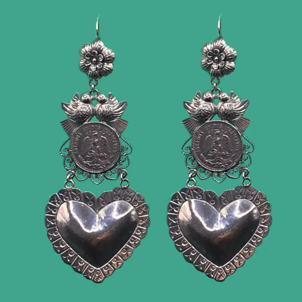 Mexican Mazahua silver dove earrings handmade coin