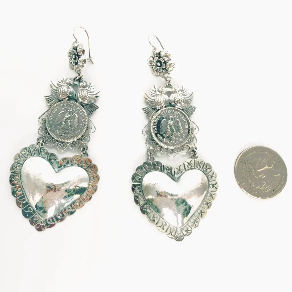 Mexican Mazahua silver dove earrings handmade coin
