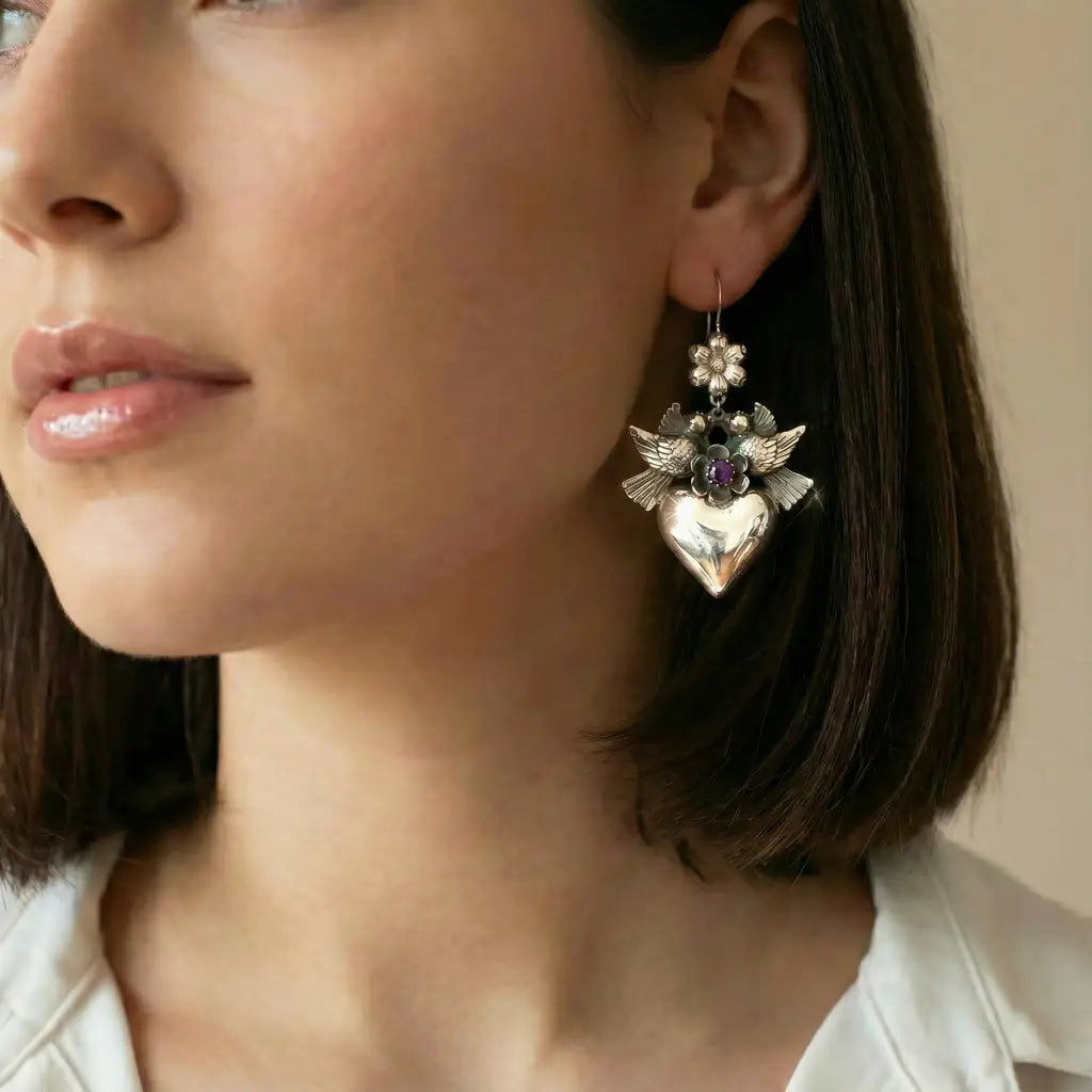 Mexican Mazahua silver heart earrings handmade