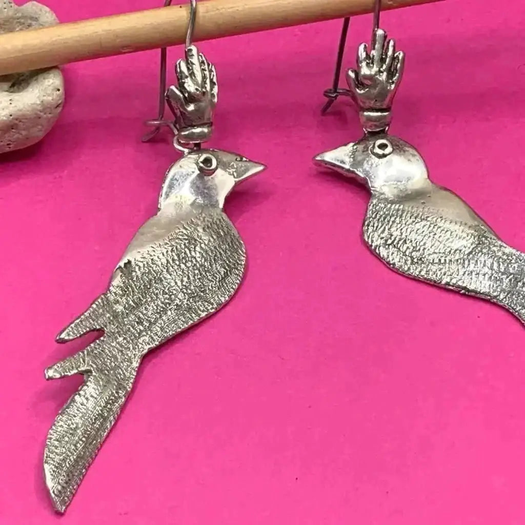 Mexican silver filigree bird earrings Frida