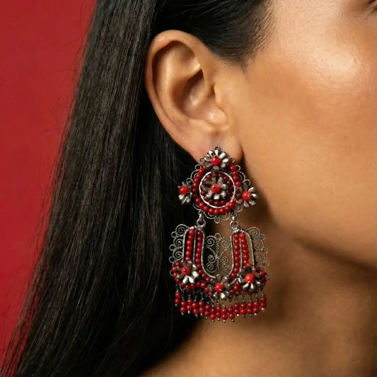 Oaxacan filigree coral earrings handmade pure silver