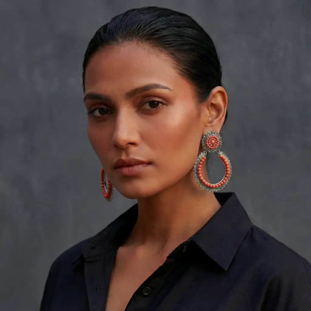 Oaxacan filigree coral hoop Earrings