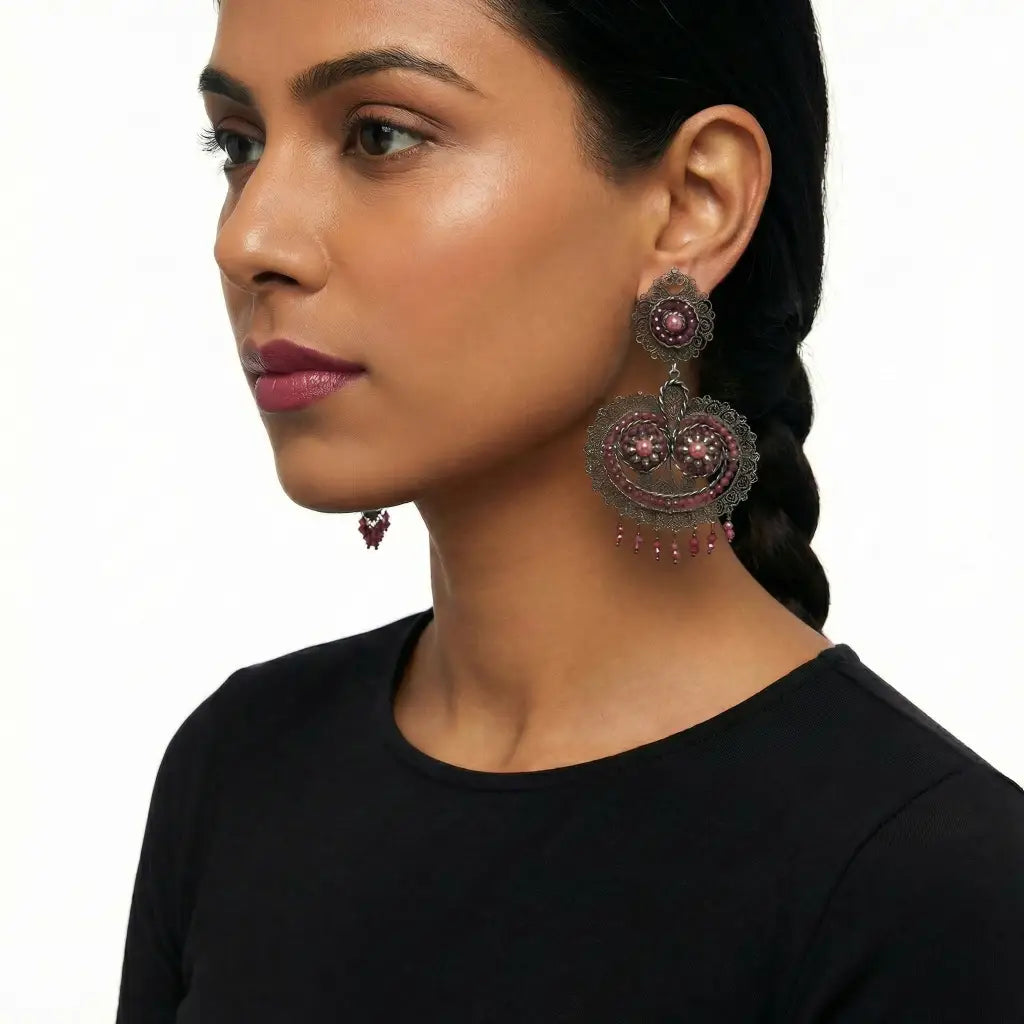 Oaxacan filigree ruby and pink pearl statement earrings